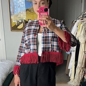 Plaid Fringe Cropped Jacket in Red and Navy